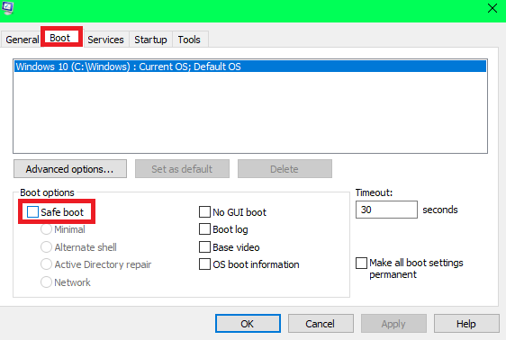 Click on boot and Un-check safe mode