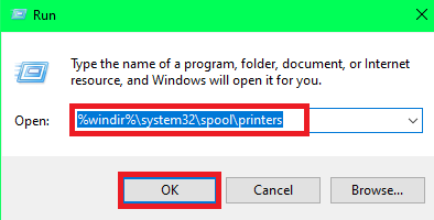 Search for %windir%system32spoolprinters and click ok