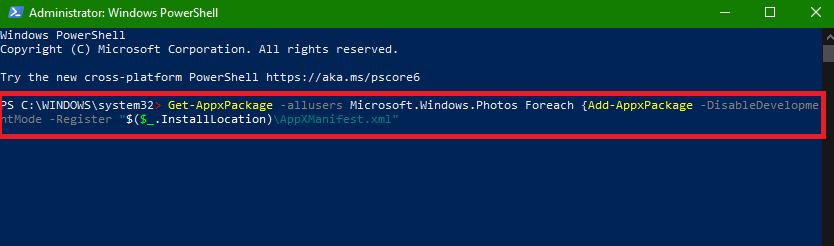 Command to reinstsall Microsoft Photos App in computer