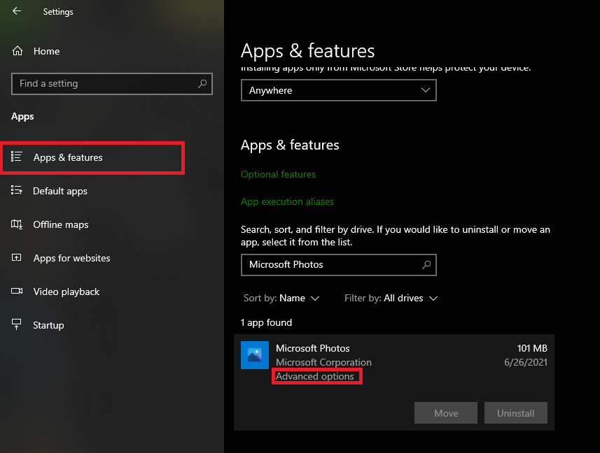 in Apps and Features, find Microsoft Photos and click on Advanced options