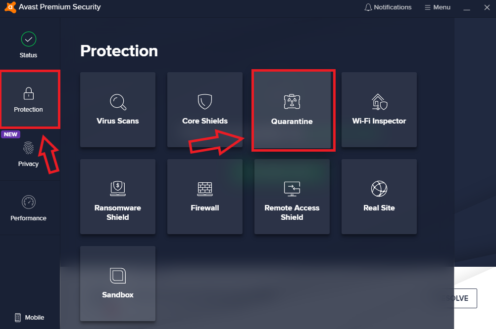 How to open quarantine in Avast